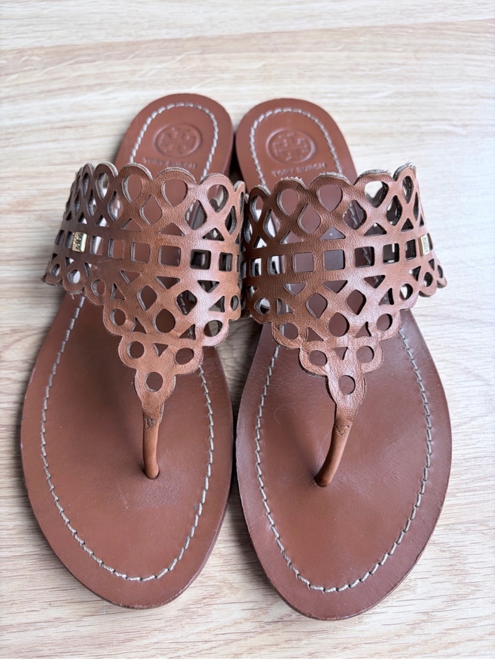 Tory Burch Brown Laser-Cut Leather Thong Sandals cut out daisy 8
